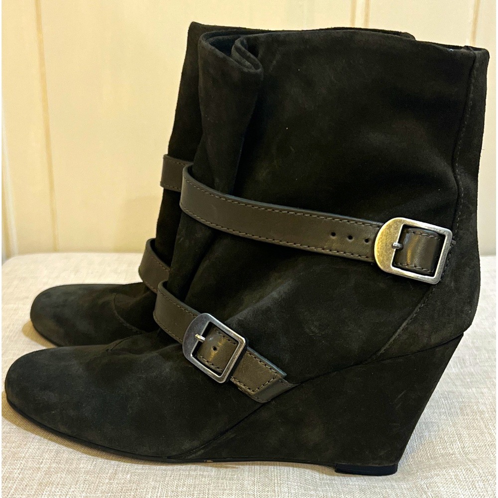 Via Spiga Women'sOlive Green  Leather Ankle Bootie Wedge Buckle Straps US 9